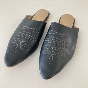 Anthropologie Black Leather Western Mules Sz 37
